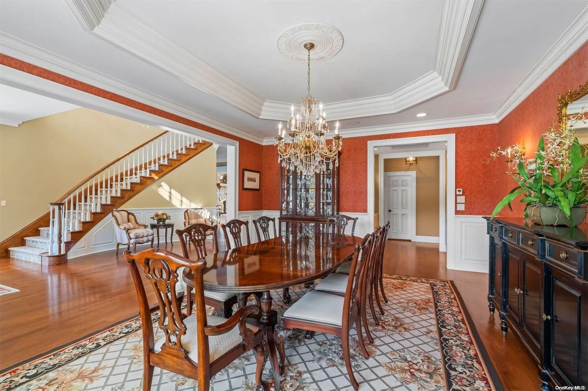Chandelier, Dining room, Interior, Wood Texture Flooring