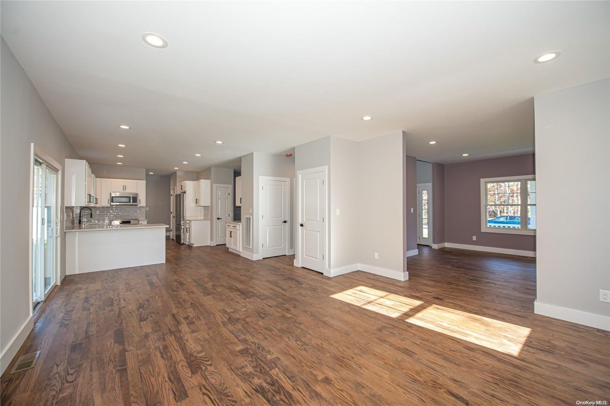 Empty room, Interior, Kitchen, Recessed Lighting, Wood Texture Flooring