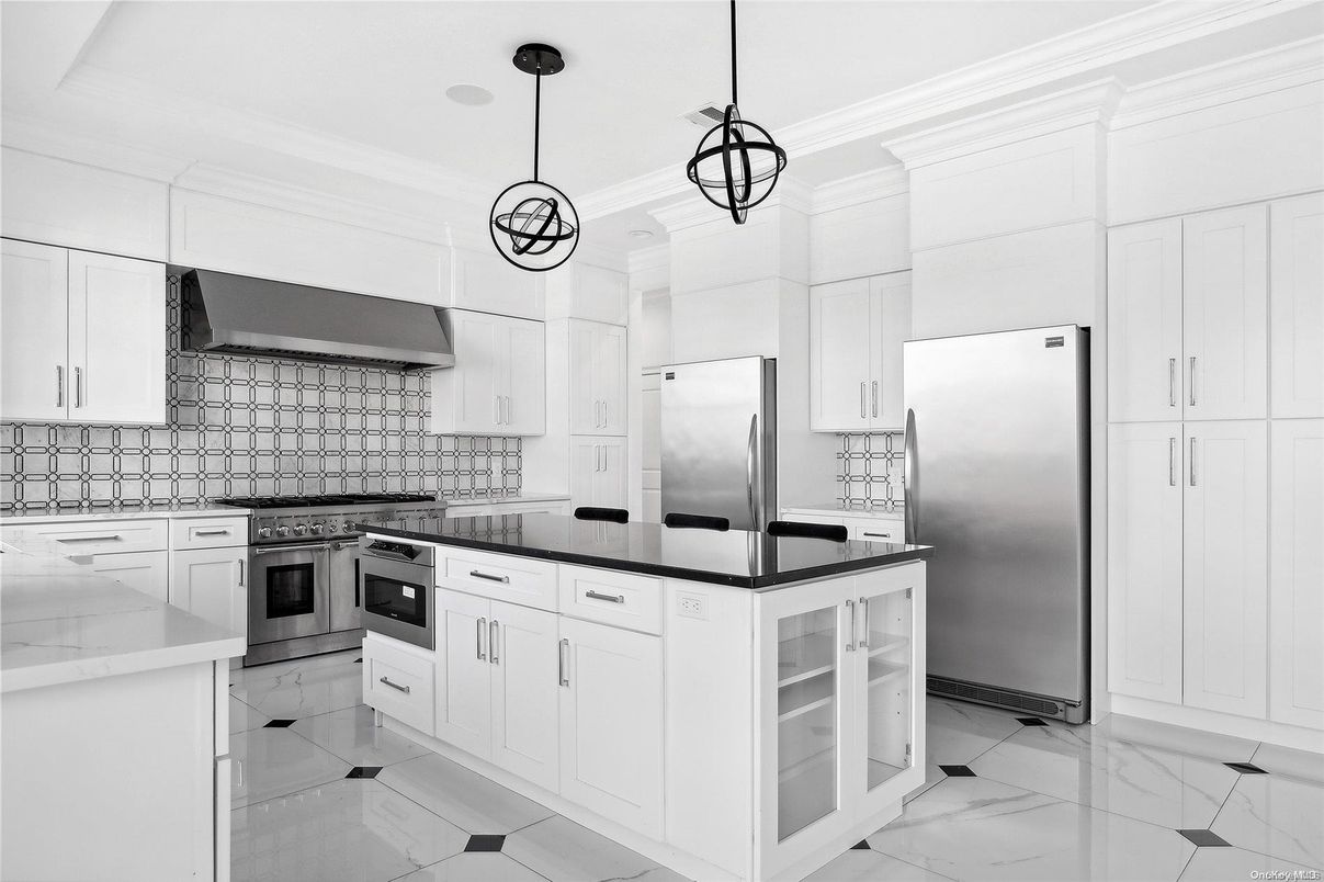 Interior, Kitchen, Marble, Pendant Lights, Stainless Steel Appliances