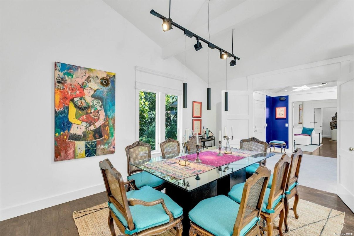 Dining room, Interior, Pendant Lights, Wood Texture Flooring