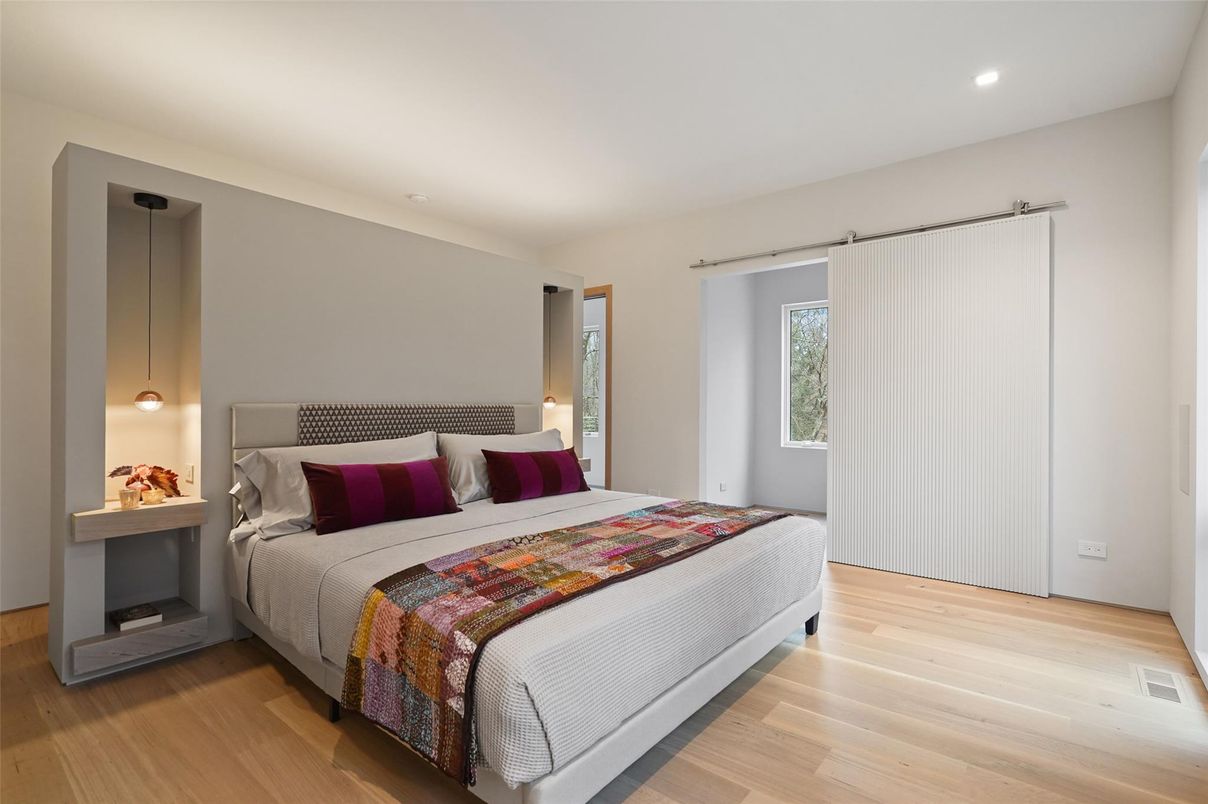 Bedroom, Interior, Pendant Lights, Recessed Lighting, Wood Texture Flooring