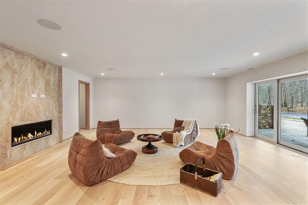 Fireplace, Interior, Living room, Recessed Lighting, Wood Texture Flooring