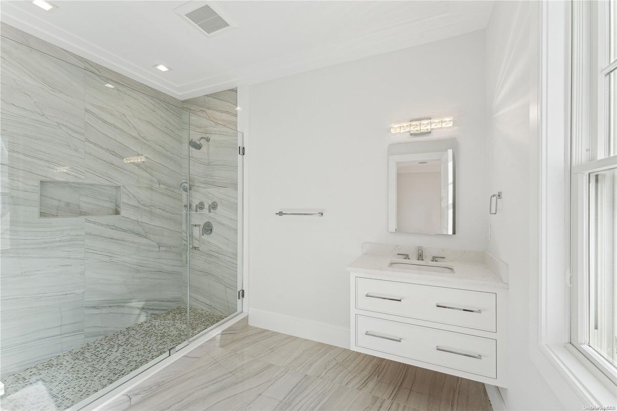 Bathroom, Glass Shower, Interior, Marble, Marble Walls, Recessed Lighting