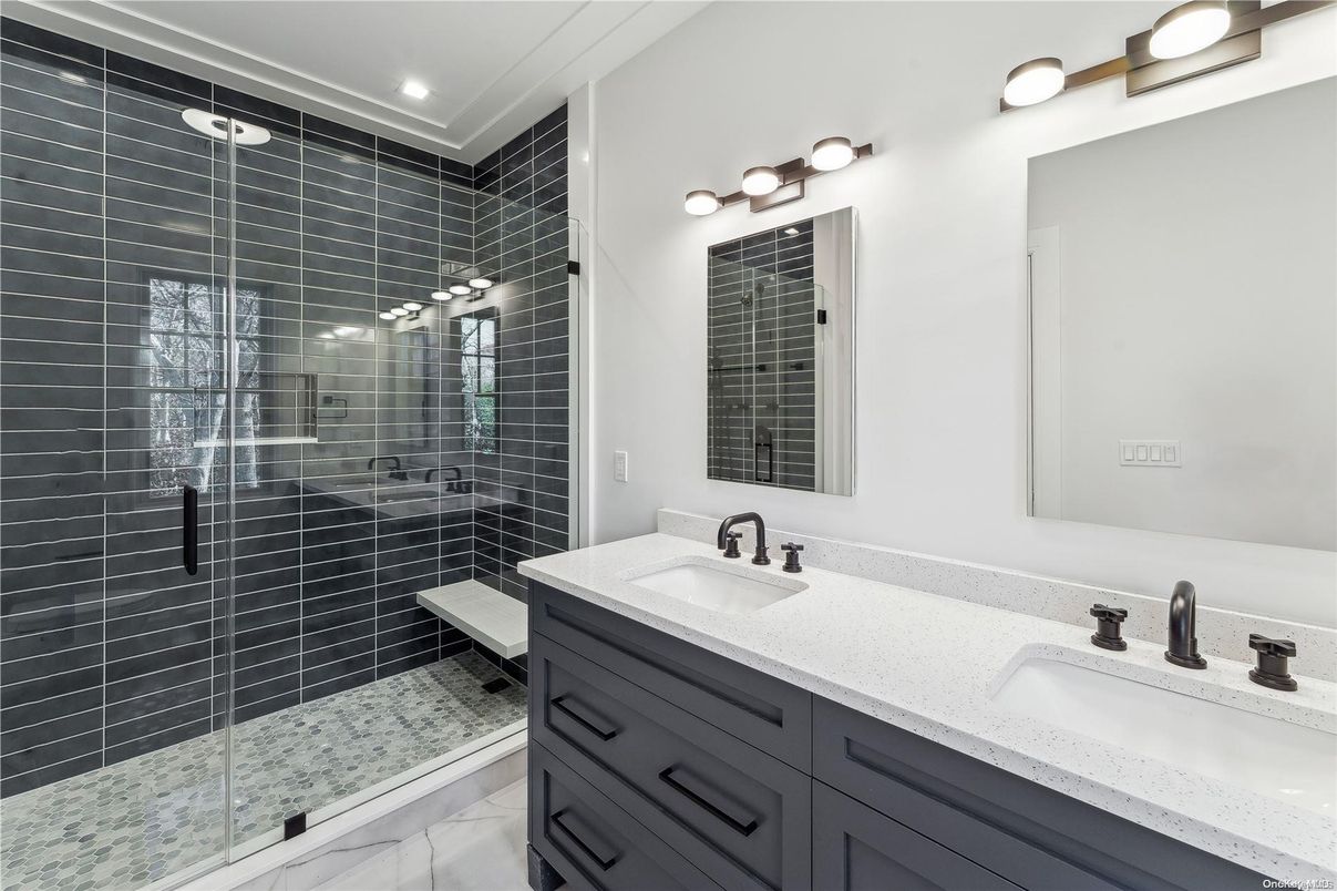 Bathroom, Dual Sink Vanities, Glass Shower, Interior, Marble, Recessed Lighting