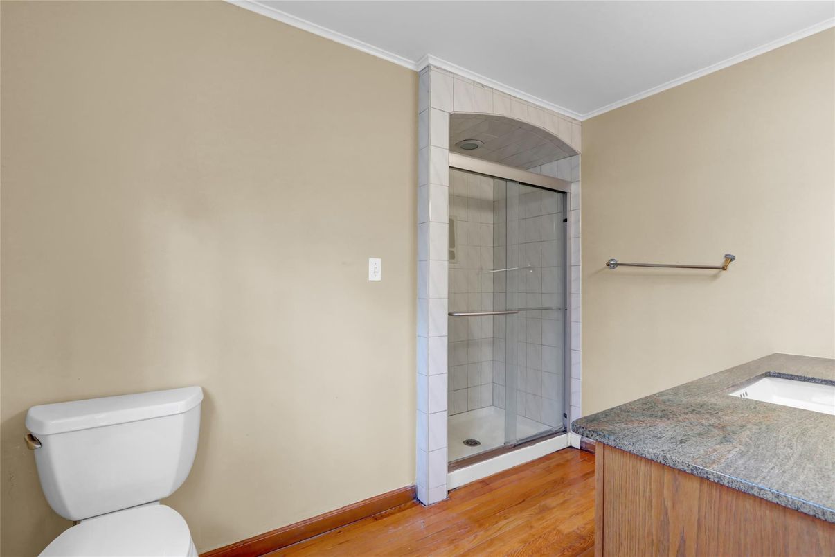Bathroom, Glass Shower, Interior, Wood Texture Flooring