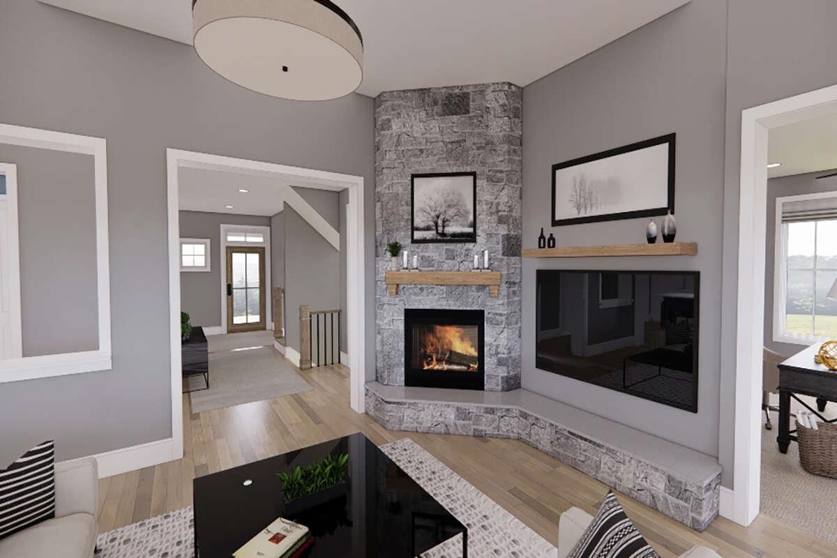 Fireplace, Interior, Recessed Lighting, Stone Walls, Wood Texture Flooring
