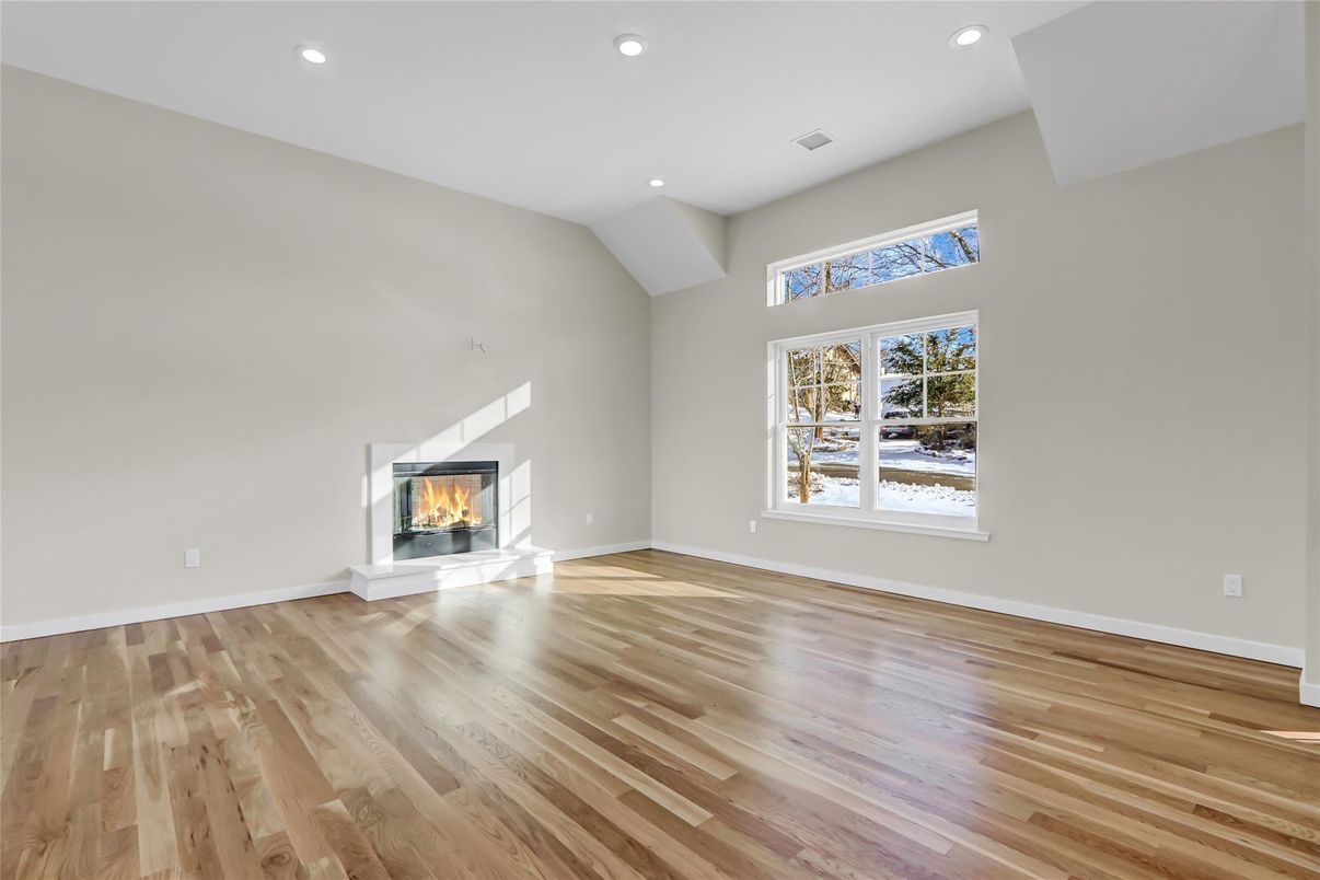 Empty room, Fireplace, Interior, Recessed Lighting, Wood Texture Flooring
