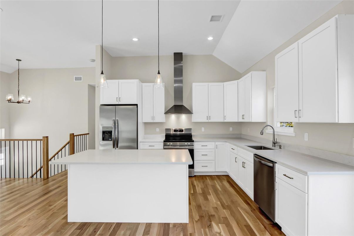 Interior, Kitchen, Pendant Lights, Recessed Lighting, Stainless Steel Appliances, Wood Texture Flooring