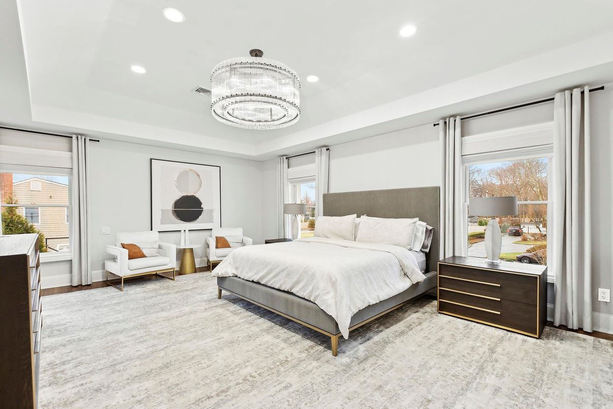 Bedroom, Chandelier, Interior, Recessed Lighting, Wood Texture Flooring