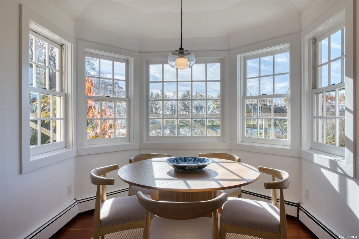 Dining room, Interior, Pendant Lights, Wood Texture Flooring