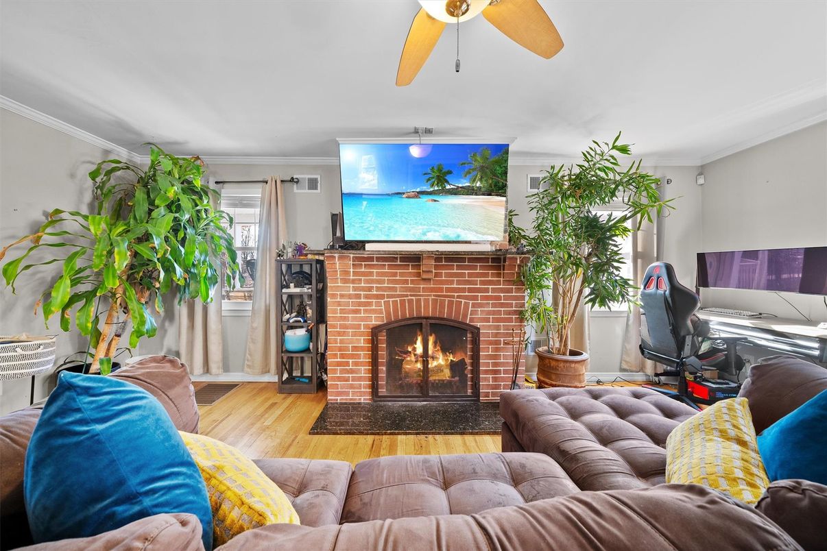 Fireplace, Home Office, Interior, Living room, Wood Texture Flooring