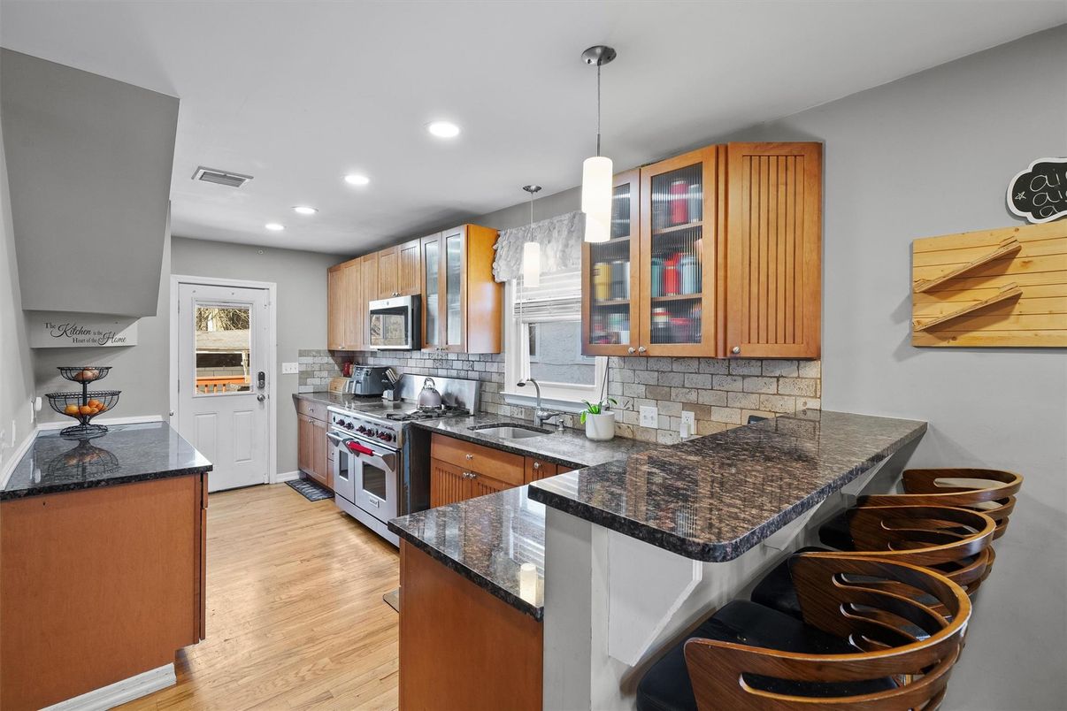 Interior, Kitchen, Pendant Lights, Recessed Lighting, Stainless Steel Appliances, Wood Texture Flooring