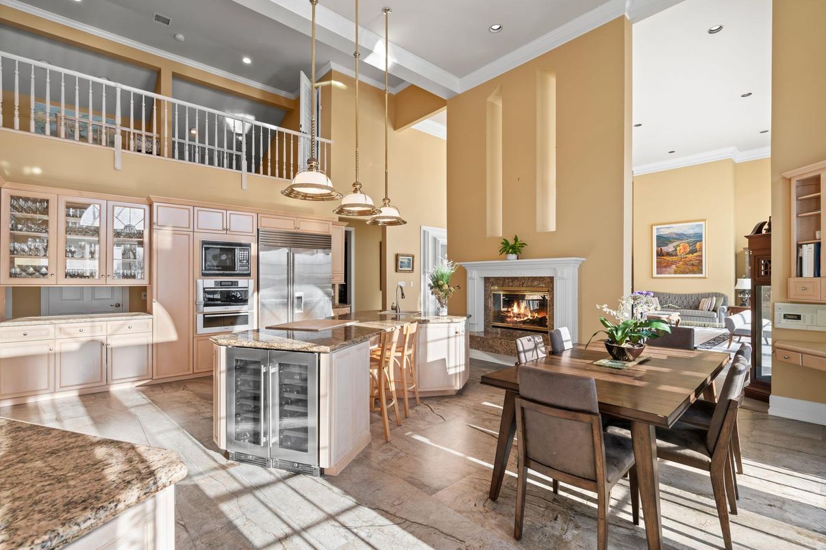 Dining room, Fireplace, Interior, Kitchen, Pendant Lights, Recessed Lighting, Stainless Steel Appliances