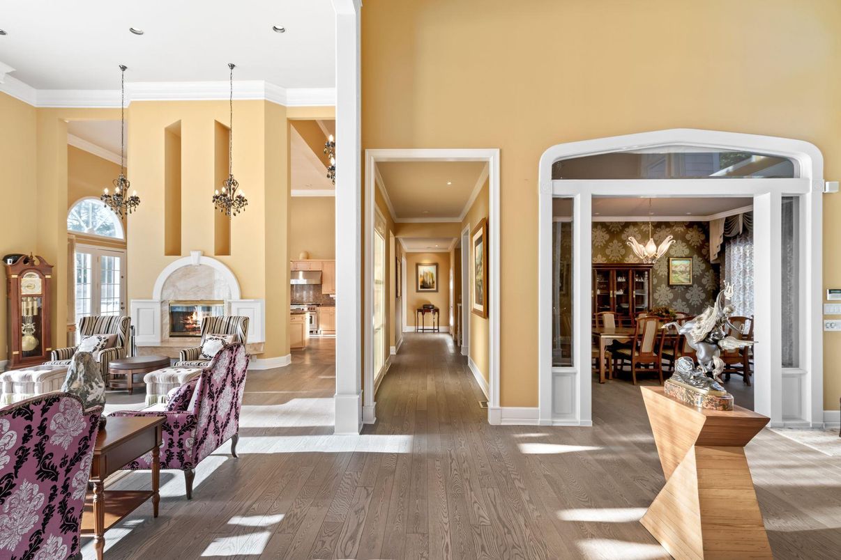 Chandelier, Dining room, Fireplace, Interior, Pendant Lights, Recessed Lighting, Wood Texture Flooring