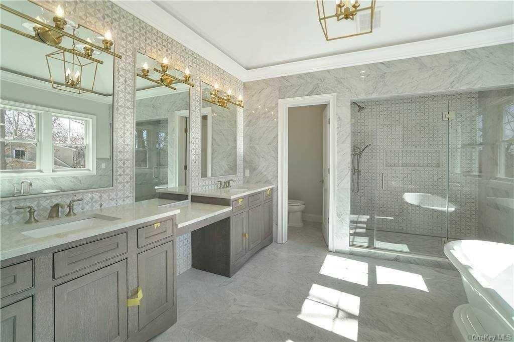 Bathroom, Dual Sink Vanities, Glass Shower, Interior, Marble Walls