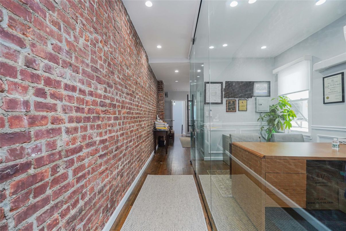 Interior, Recessed Lighting, Stone Walls, Wood Texture Flooring