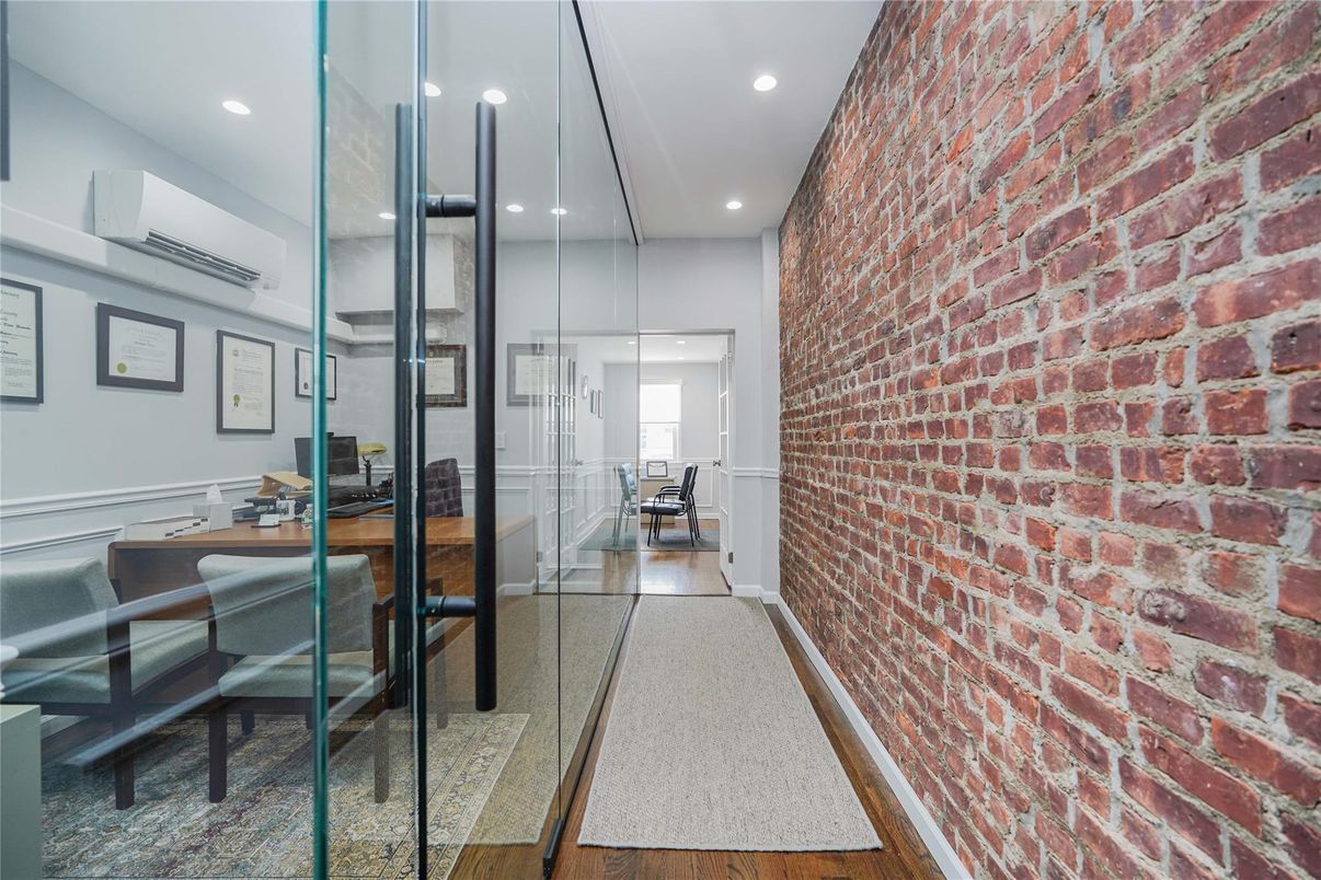 Dining room, Interior, Recessed Lighting, Stone Walls, Wood Texture Flooring