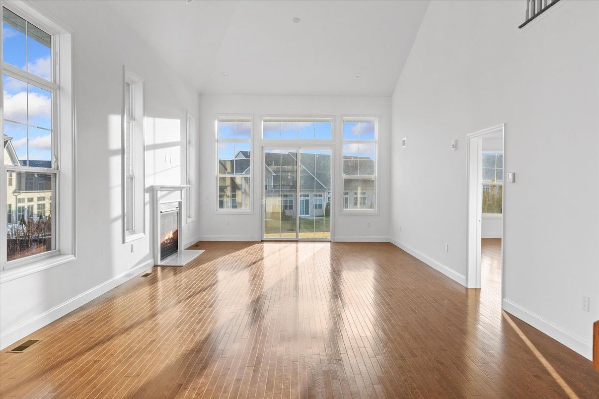 Empty room, Fireplace, Interior, Recessed Lighting, Wood Texture Flooring