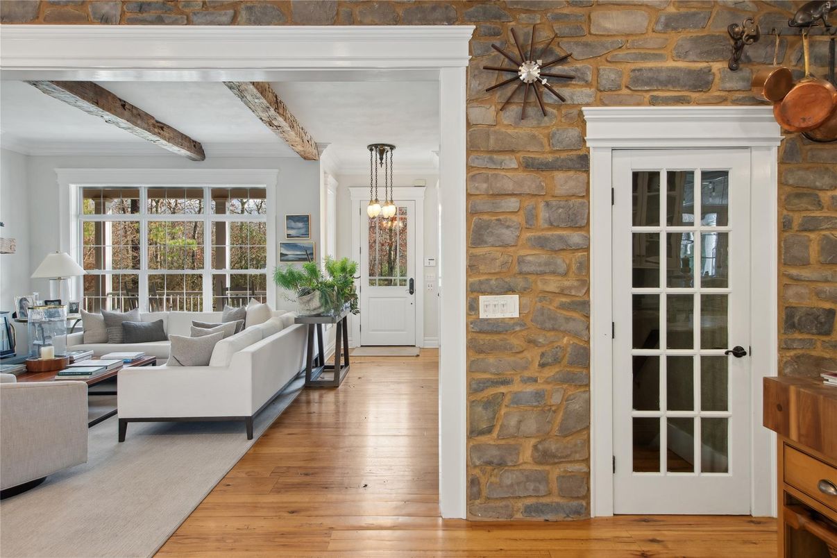 Interior, Living room, Pendant Lights, Stone Walls, Wooden Beams, Wood Texture Flooring