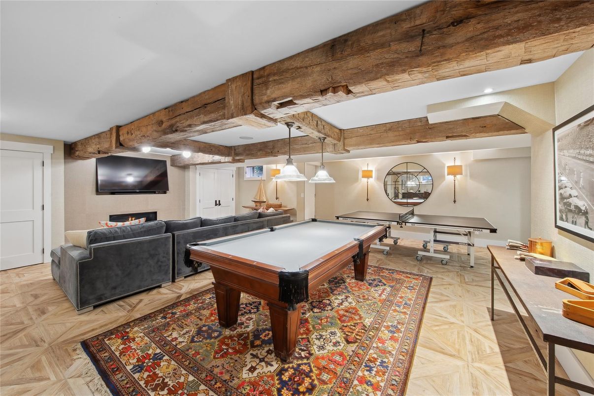 Billiard Table, Game Room, Interior, Living room, Pendant Lights, Wood Texture Flooring