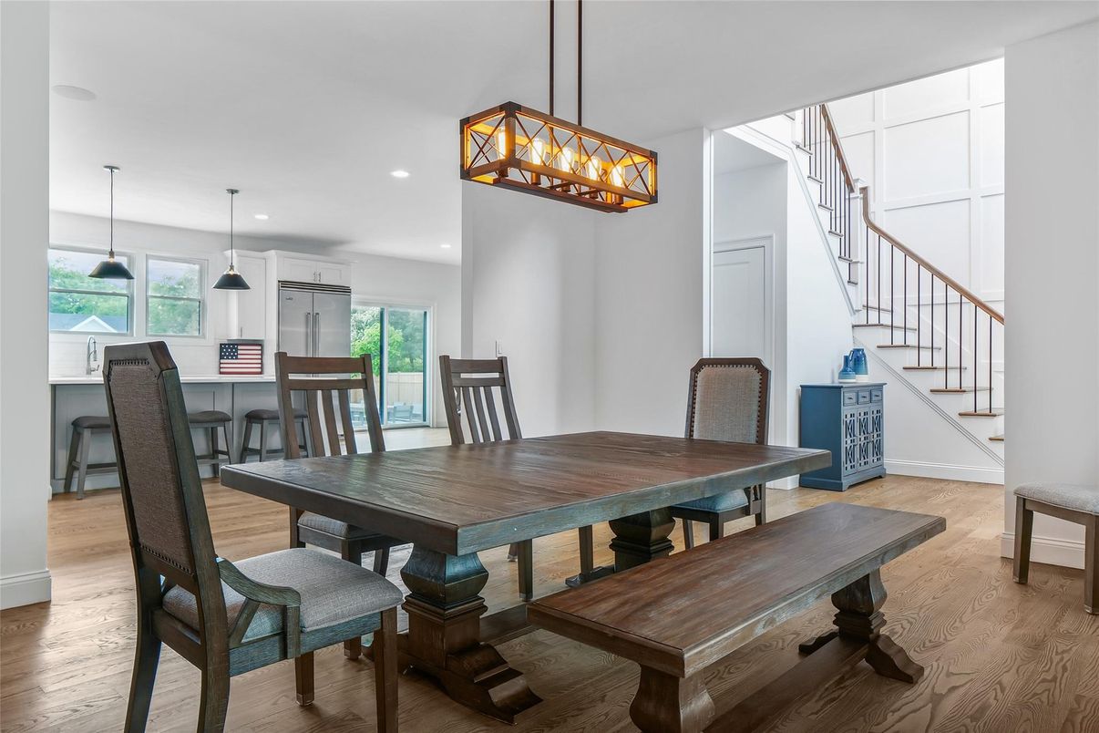 Dining room, Interior, Pendant Lights, Recessed Lighting, Wood Texture Flooring