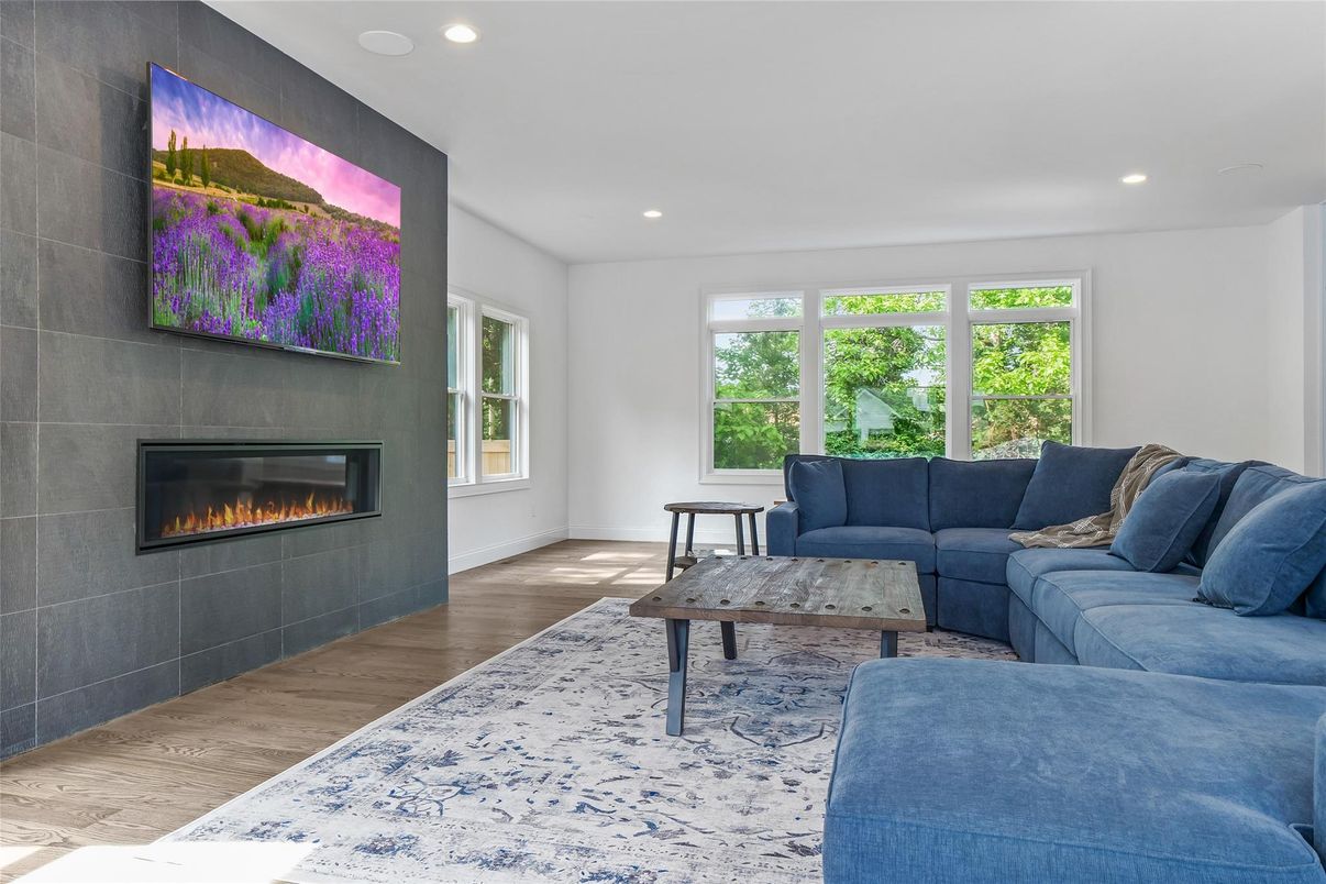 Fireplace, Interior, Living room, Recessed Lighting, Wood Texture Flooring