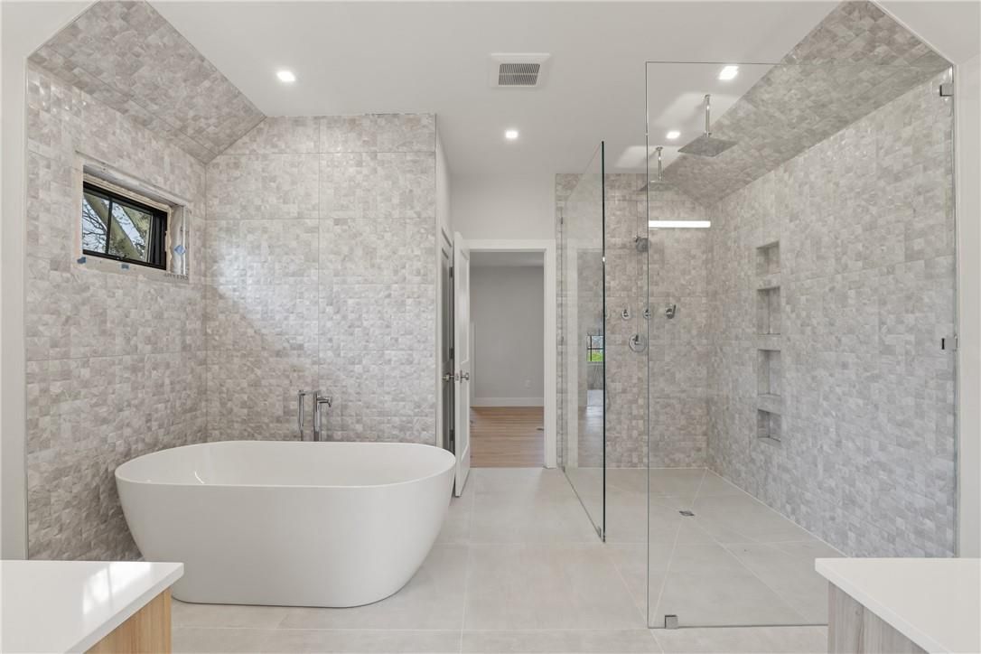 Bathroom, Free Standing Baths, Glass Shower, Interior, Recessed Lighting