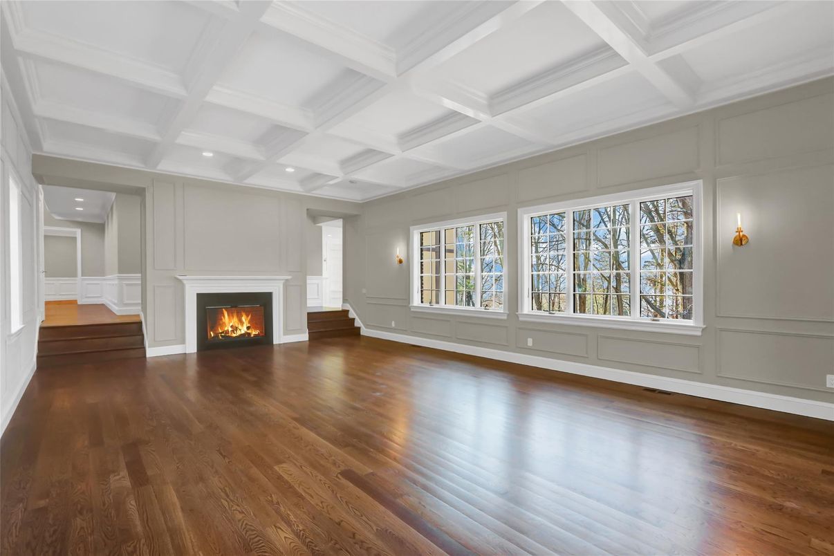 Empty room, Fireplace, Interior, Recessed Lighting, Wood Texture Flooring