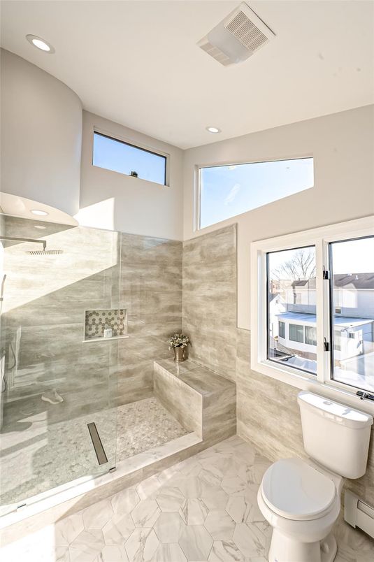 Bathroom, Glass Shower, Interior, Marble, Recessed Lighting