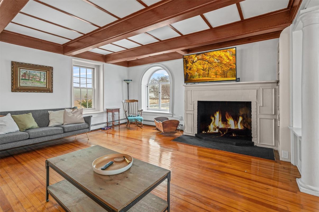 Fireplace, Interior, Living room, Wooden Beams, Wood Texture Flooring