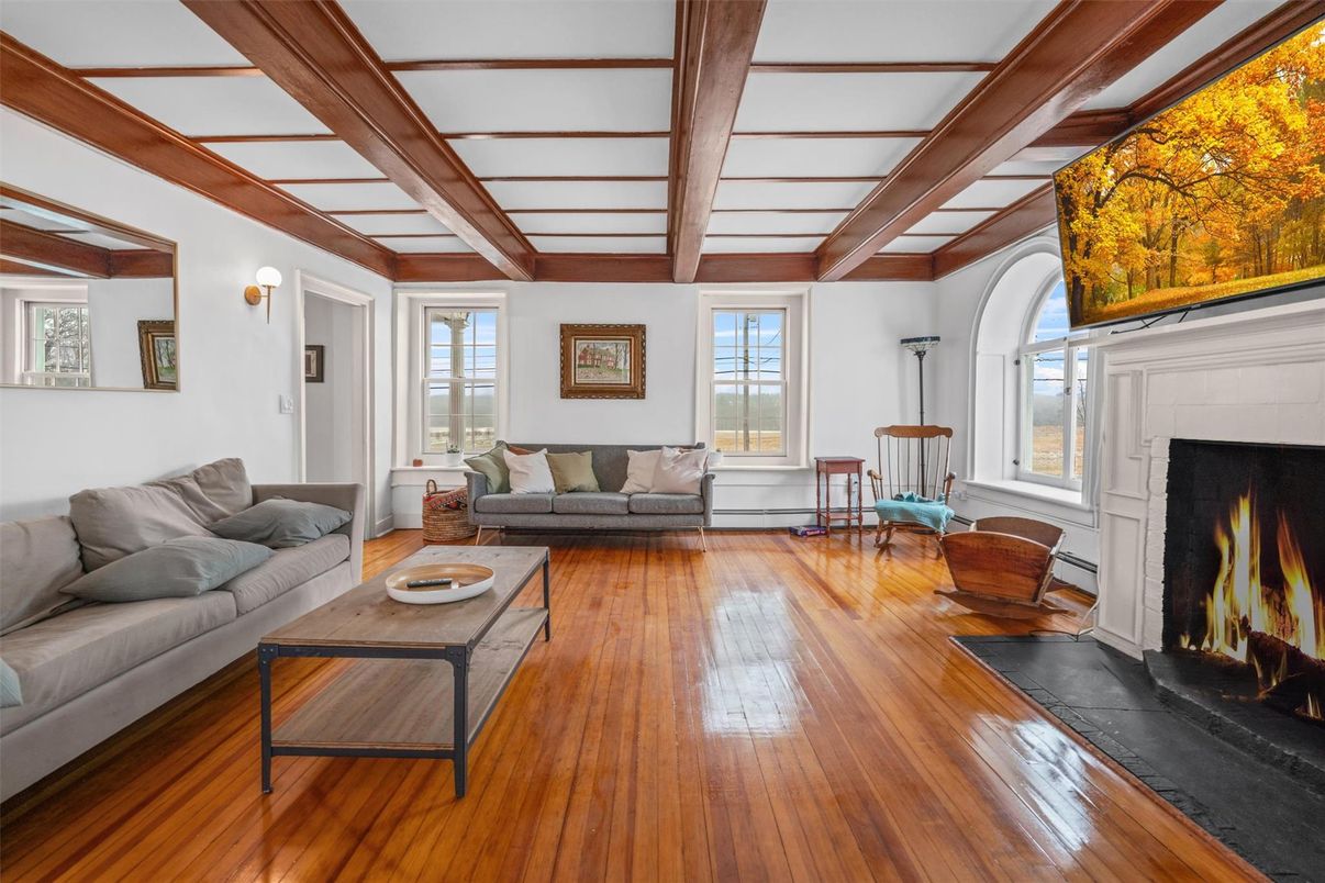 Fireplace, Interior, Living room, Wooden Beams, Wood Texture Flooring