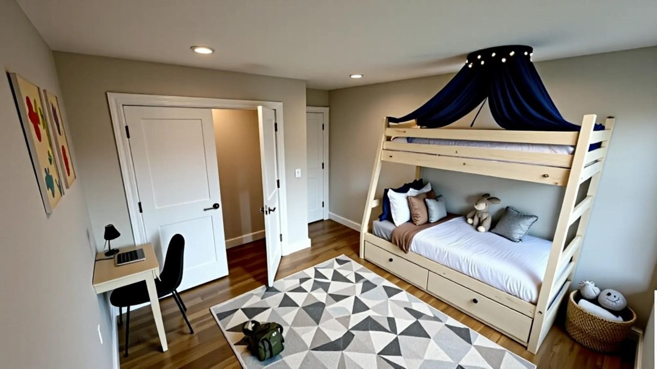 Bedroom, Interior, Recessed Lighting, Wood Texture Flooring