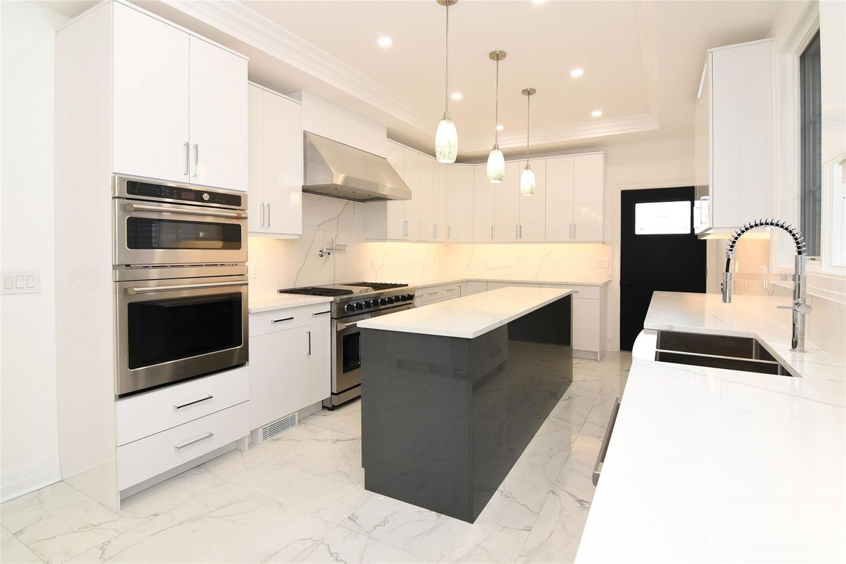 Interior, Kitchen, Marble, Pendant Lights, Recessed Lighting, Stainless Steel Appliances