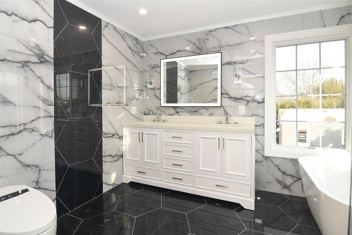 Bathroom, Dual Sink Vanities, Interior, Marble, Marble Walls, Recessed Lighting