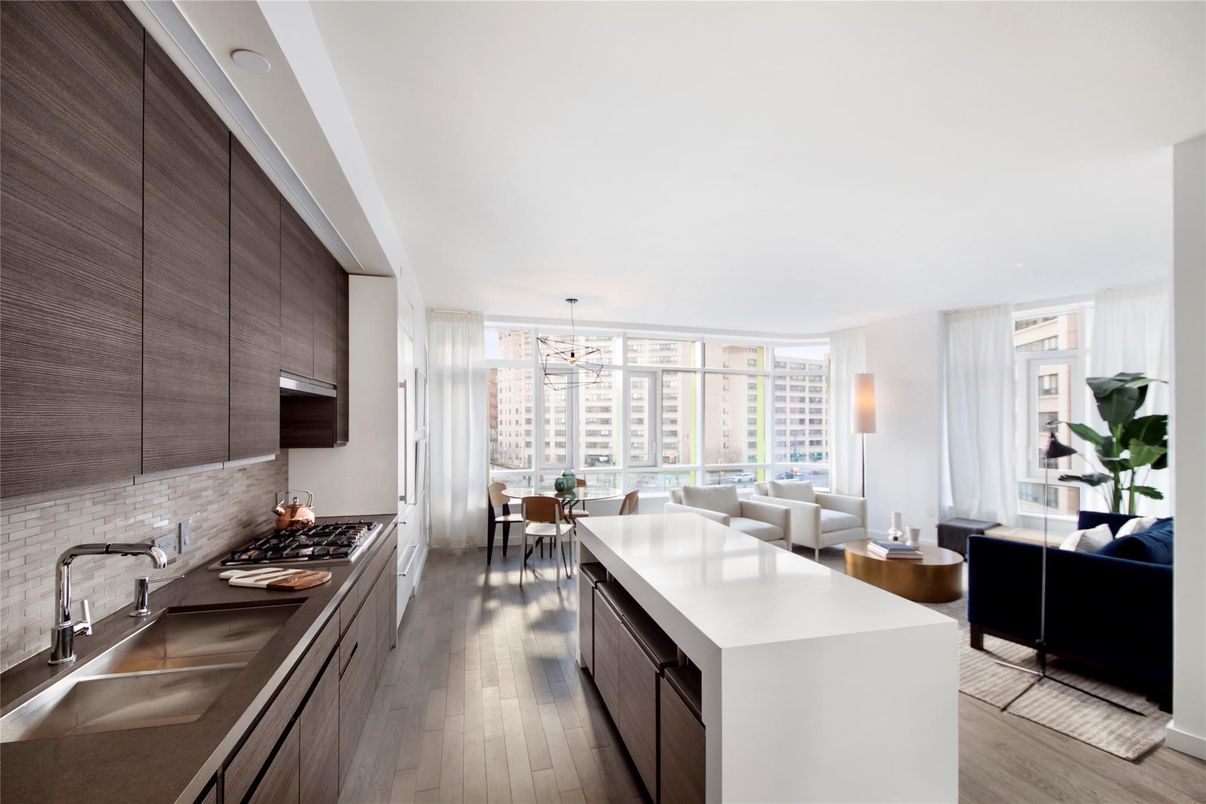Dining room, Interior, Kitchen, Living room, Pendant Lights, Wood Texture Flooring