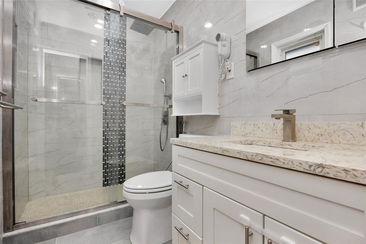 Bathroom, Glass Shower, Interior, Marble Walls, Recessed Lighting