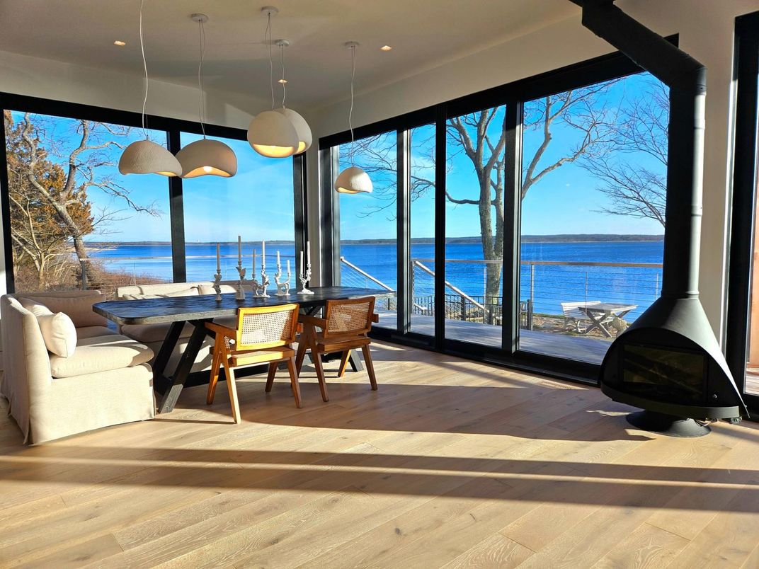 Dining room, Interior, Pendant Lights, Recessed Lighting, Water, Wood Texture Flooring