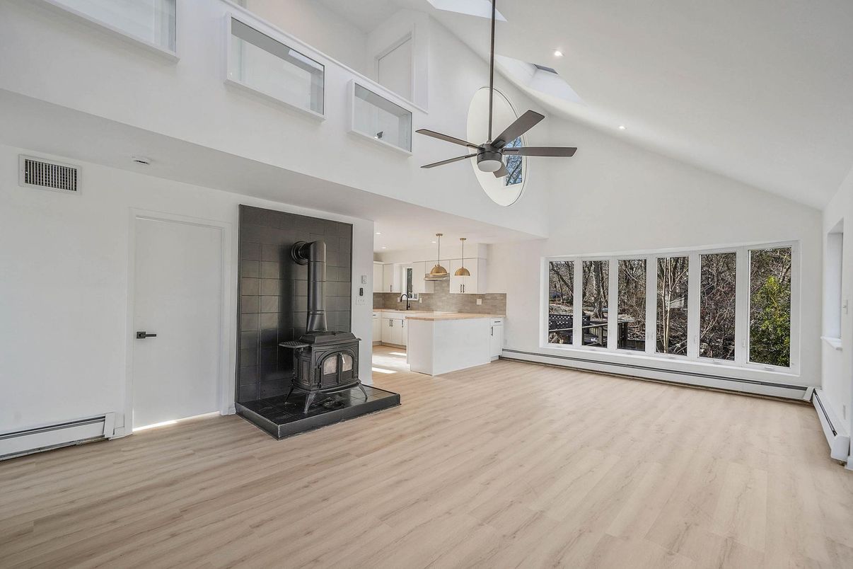 Fireplace, Interior, Kitchen, Pendant Lights, Recessed Lighting, Wood Texture Flooring
