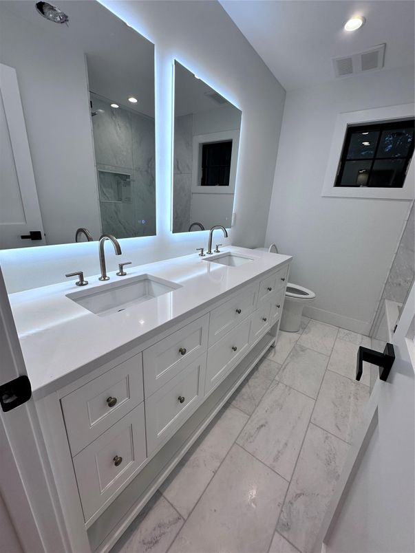 Bathroom, Dual Sink Vanities, Interior, Marble, Recessed Lighting
