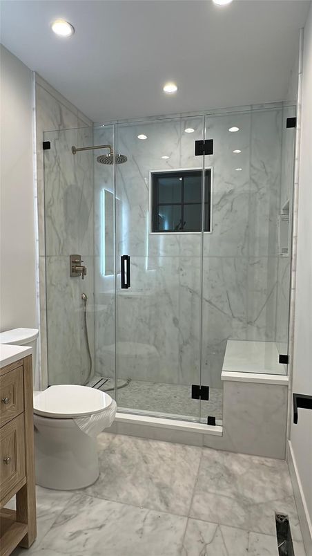 Bathroom, Glass Shower, Interior, Marble, Marble Walls, Recessed Lighting