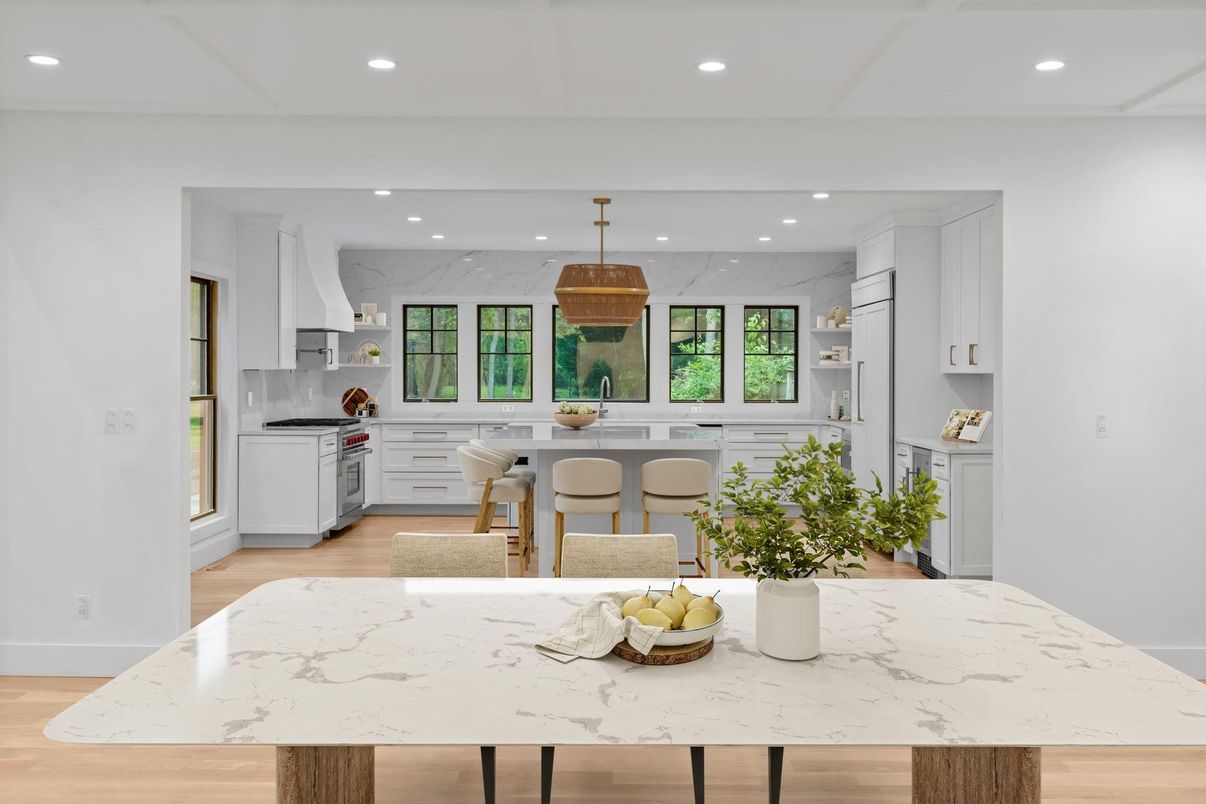 Dining room, Interior, Kitchen, Marble Walls, Recessed Lighting, Wood Texture Flooring