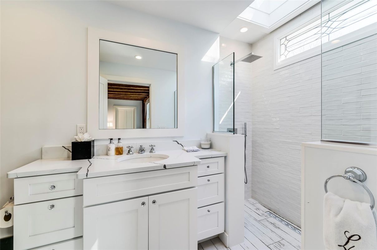Bathroom, Dual Sink Vanities, Glass Shower, Interior, Marble, Recessed Lighting