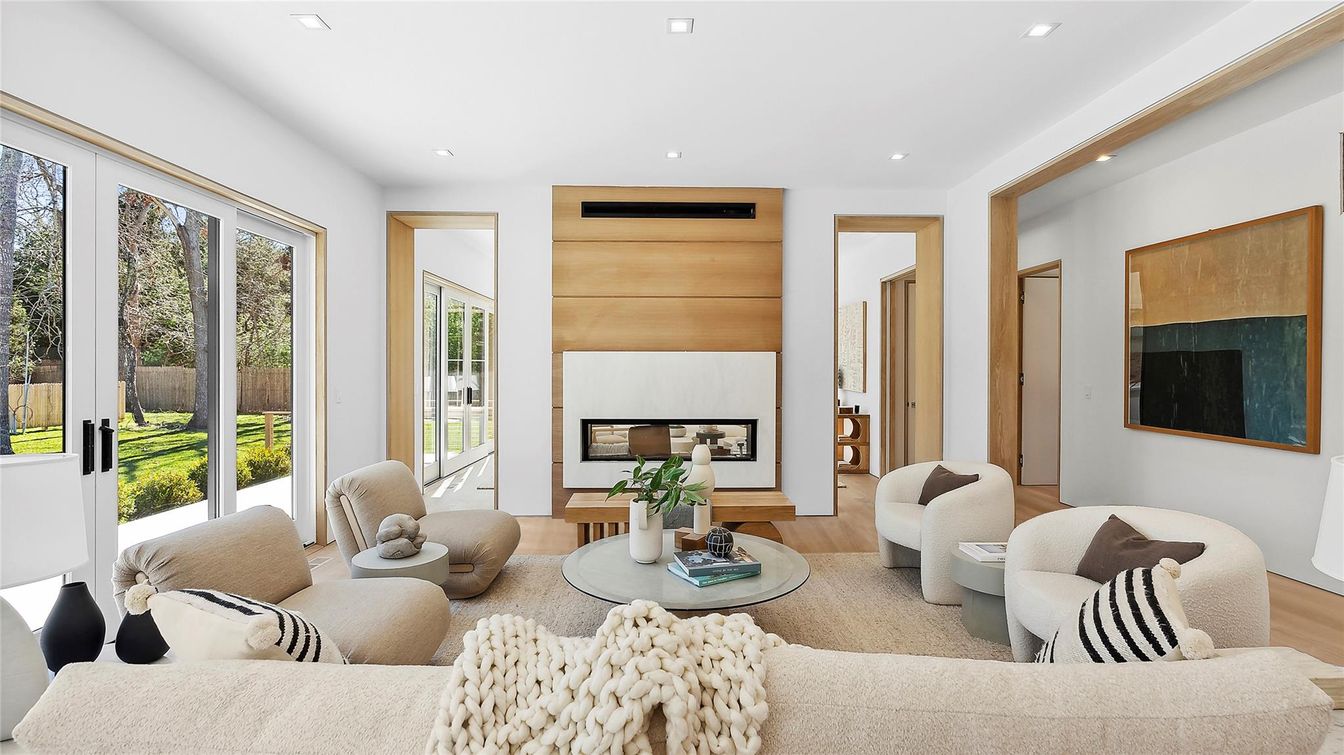 Fireplace, Interior, Living room, Recessed Lighting, Wood Texture Flooring
