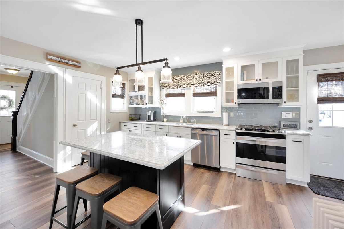 Interior, Kitchen, Pendant Lights, Recessed Lighting, Stainless Steel Appliances, Wood Texture Flooring