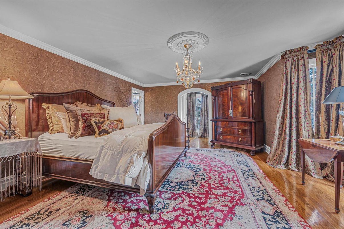 Bedroom, Chandelier, Interior, Wood Texture Flooring