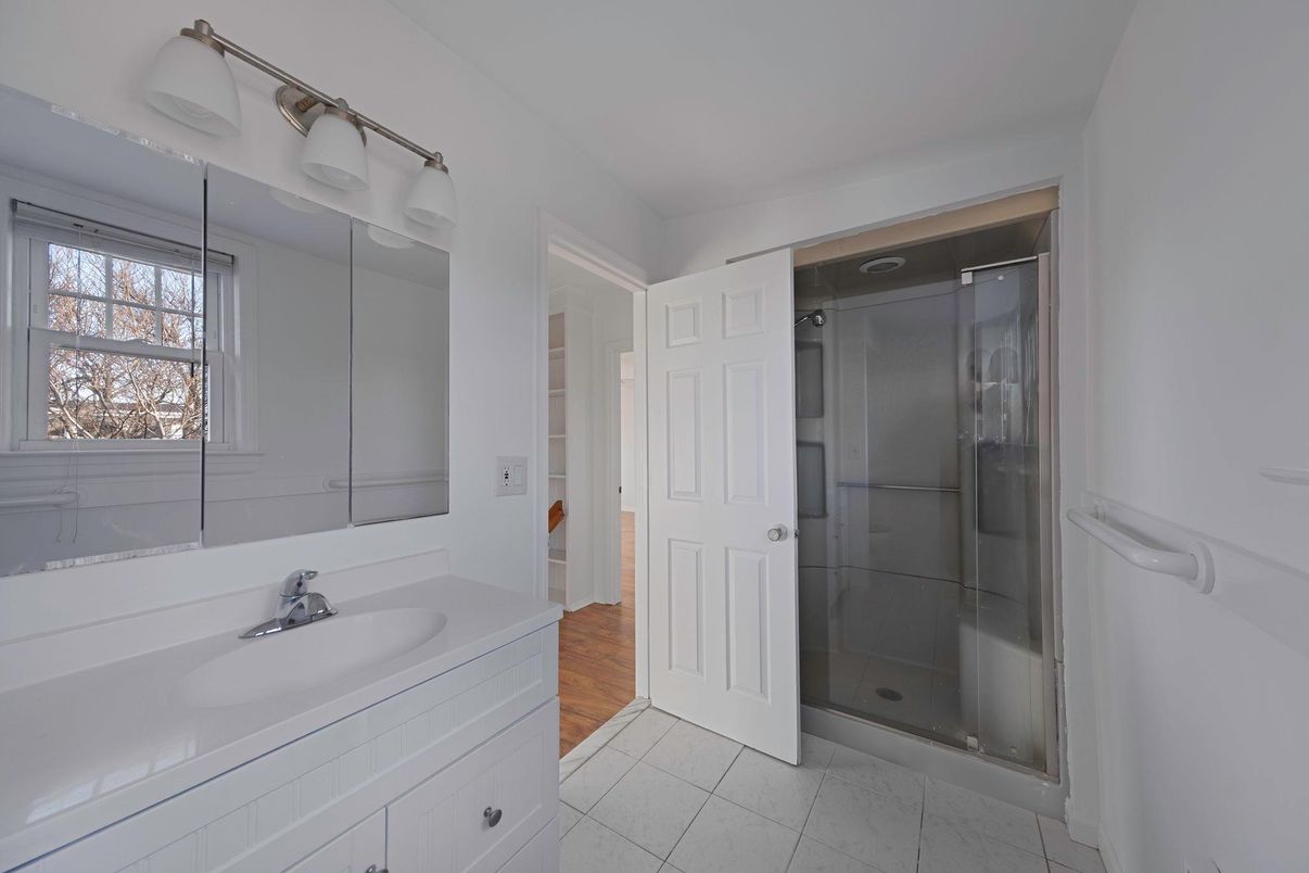 Bathroom, Glass Shower, Interior, Wood Texture Flooring