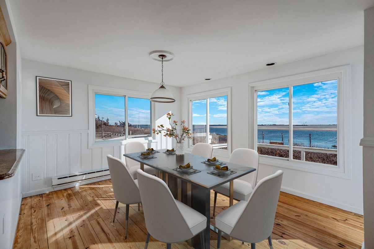 Dining room, Interior, Pendant Lights, Water, Wood Texture Flooring