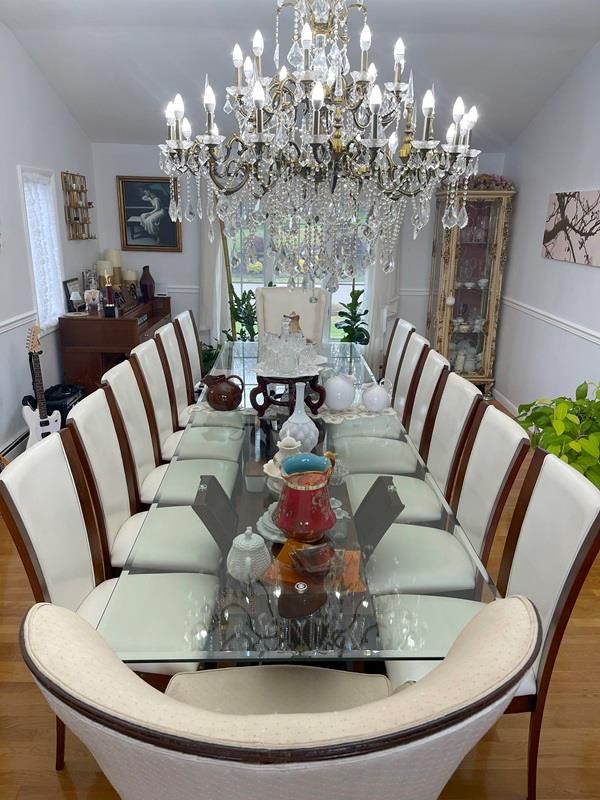 Chandelier, Dining room, Interior, Wood Texture Flooring