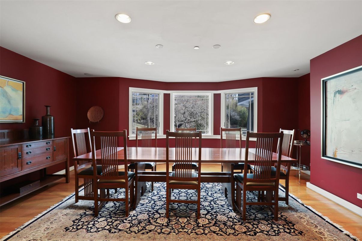 Dining room, Interior, Recessed Lighting, Wood Texture Flooring