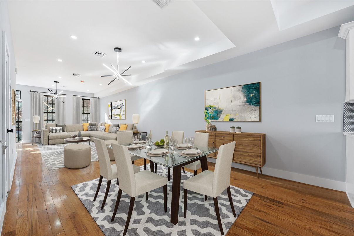 Dining room, Interior, Living room, Pendant Lights, Recessed Lighting, Wood Texture Flooring